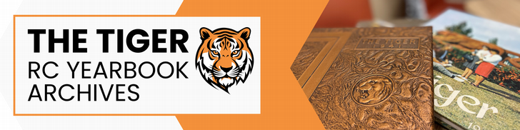 Logo for "The Tiger" RC Yearbook Archives featuring a tiger's face and an image of yearbooks in the background.